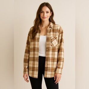 American Eagle Thick Plaid Shirt in Brown and Cream S NWT